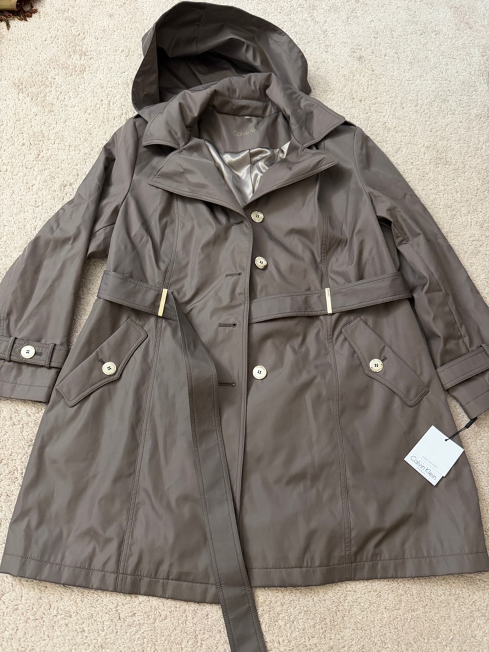 Calvin Klein Taupe Hooded Trench Coat with Belt